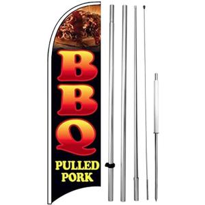 BBQ PULLED PORK Windless Feather Swooper Flag 15 Feet Tall Large Pole Kit Banner Sign, kb-h