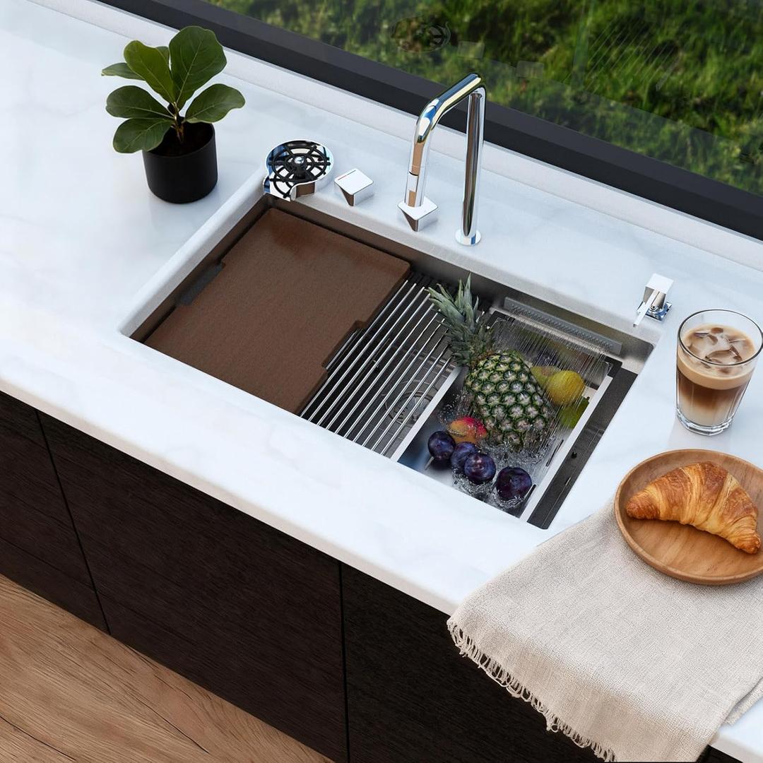 Square Design 33 Inch Waterfall Kitchen Sinks Undermount, Kitchen Sink with Faucet Combo, Modern Smart Workstation Stainless Steel Single Bowl Kitchen Sinks, 33" x 19" x 10" Inch, Chromed Silver