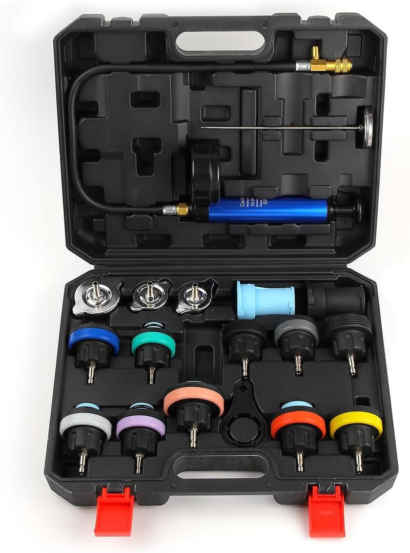 18pcs Universal Radiator Pressure Tester Kit, Coolant Vacuum Refill kit，Coolant Pressure Tester Kit with Manual Pump and Color-Coded Test Caps (Black)