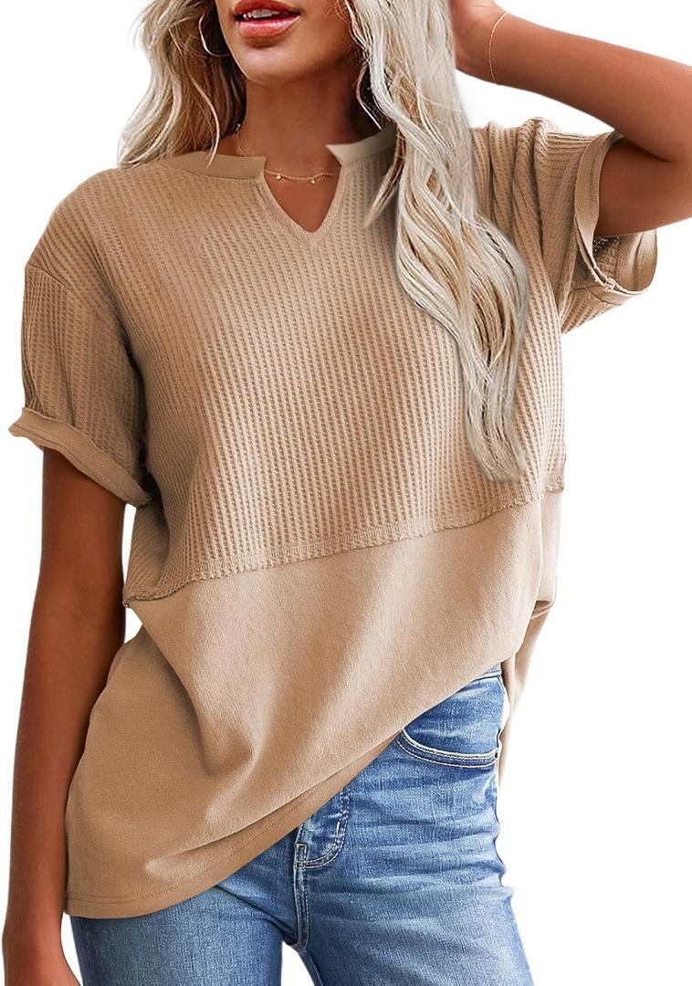 SHEWIN Womens Casual V Neck Waffle Knit Tops Short Sleeve T Shirts Loose Blouses (Beige, XXL)