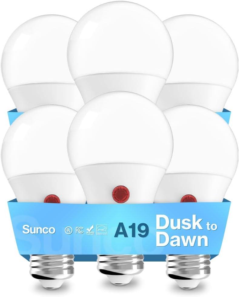 Sunco 6 Pack Dusk to Dawn Light Bulbs Outdoor A19, Photocell Automatic for Exterior Lighting, 800 LM, 9W (60W Eqv.), 3000K Warm White, Auto On/Off Sensor, IP65 Rated UL