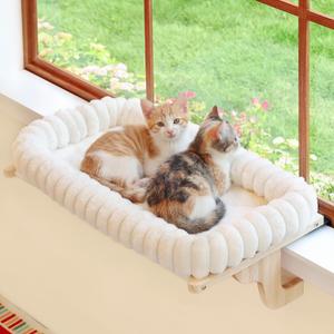 Zakkart SnugCloud Cat Window Perch with 4-Sided Bolster - Large Cat Hammock for Window Sill - Solid Hardwood & Metal Frame - Window Seat for Pets (Natural Color Wood w/White Bed, Large) (Large (25"x15"))
