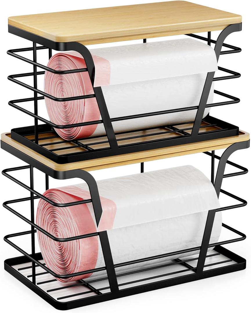 2 Pack Stackable Storage Laundry Kitchen Organizers, Wall Mount Trash Bag Holder with Bamboo Top and Garbage Bag Dispenser No Drill (Large-Set, Black)