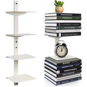 Floating Book Shelves for Wall, 4 Tier Invisible Floating Bookshelf, Vertical Spine Book Tower, Wall Mounted & Space Saving, Heavy Duty Metal Book Organizer for Home Office, 2 Pack White