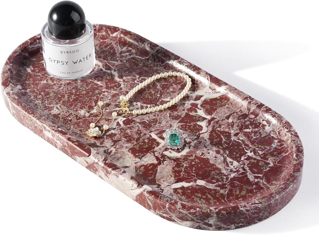 Koville Norway Natural Marble Tray, 12"x6" Vanity Decorative Tray for Countertop Organizer, Catchall for Perfume, Candles, Jewelry Dish (Rose Lepanto)