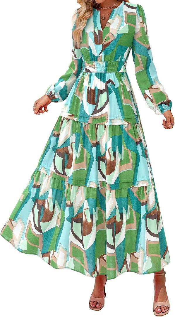 PRETTYGARDEN Womens 2026 Fall Fashion Clothing Boho Maxi Dresses Floral Long Sleeve Flowy Elegant Wedding Guest Holiday Dress (S)