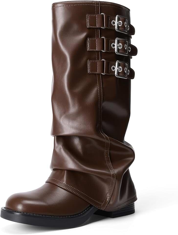 DREAM PAIRS Fold-over Knee High Boots Comfort Low Heel Slouchy Boot Stylish Buckle Long Tall Wide Calf Fashion Boots for Women, Size 8