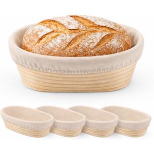 4 Pack 10 inch Oval Banneton Bread Proofing Basket Sourdough Bread Baking Supplies Baking Gifts Rattan Proofing Bowl with Liners for Artisan Bread Baking Home Kitchen