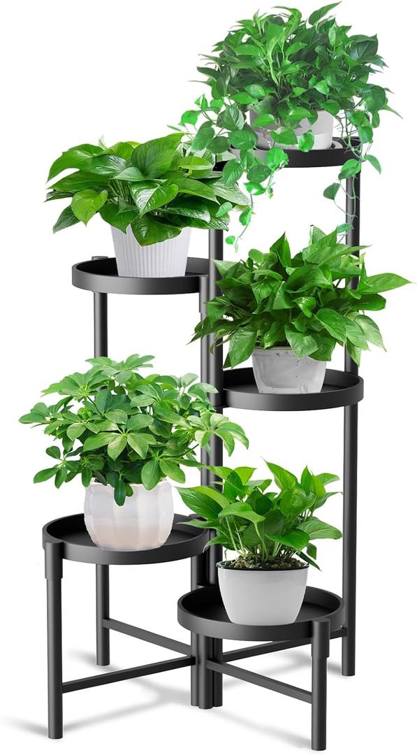 5 Tier Heavy Duty Metal Plant Stand for Indoor & Outdoor Use, Foldable Tall Corner Plant Shelf, Black Flower Pot Holder & Display Rack for Living Room, Balcony, Garden, & Patio