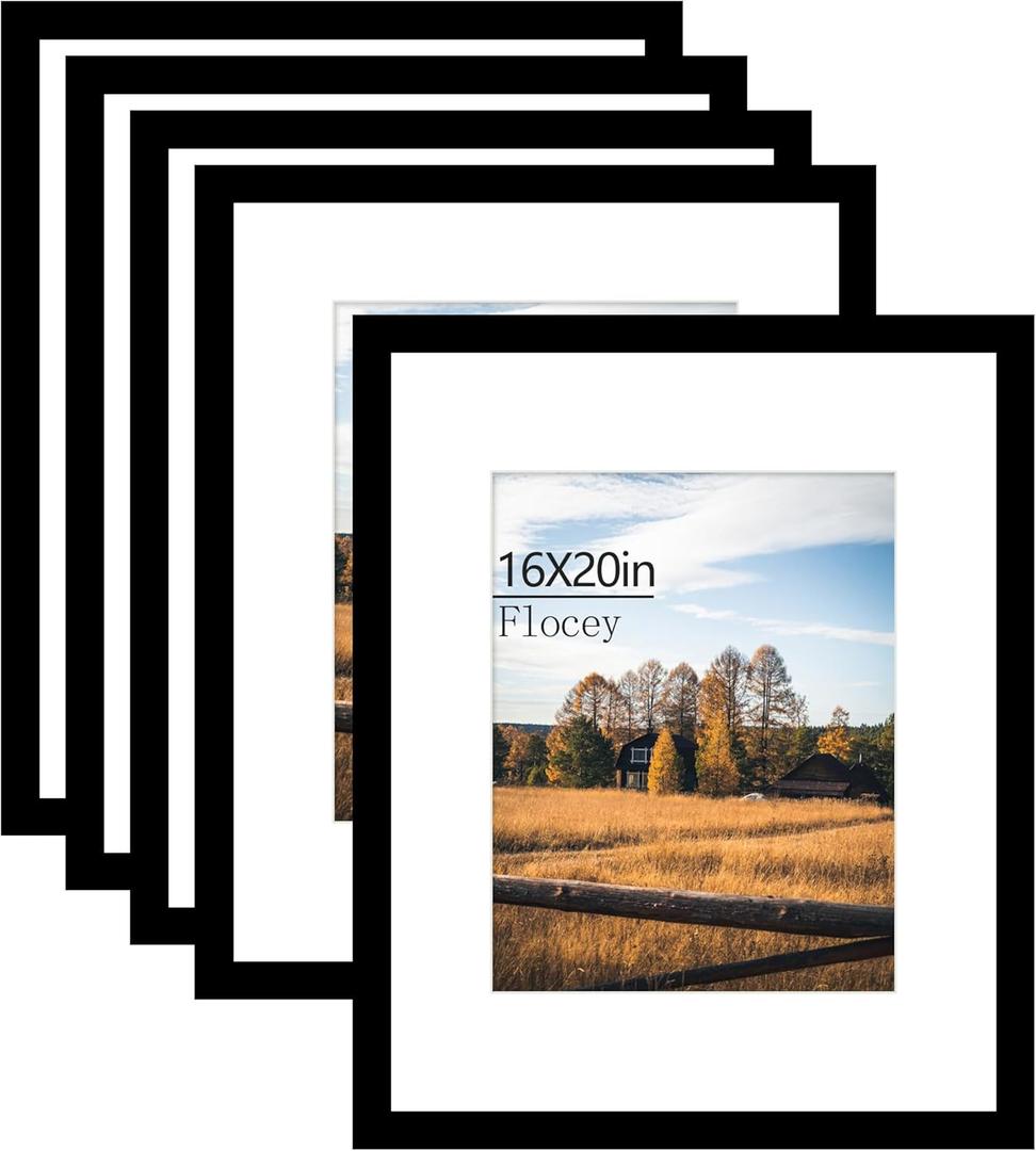 16x20 Picture Frame 5 Pack, Black Poster Frame, Display Pictures 11 x 14 with Mat or 16 x 20 Without Mat for Horizontal or Vertical Wall Mounting, Wall Gallery Frame for Artwork Certificate