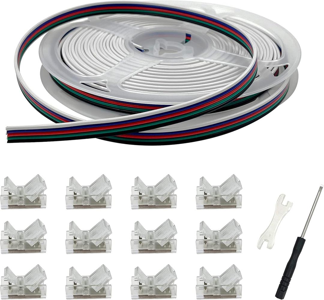 HAMRVL 10mm Led Strip Light Connectors 5 Pin 12 Pack, Strip to Wire Solderless Transparent Track Lighting kit Adapter Connectionwith 6M/19.68ft Led Wire Extension Cable for White Led Tape 12/24V