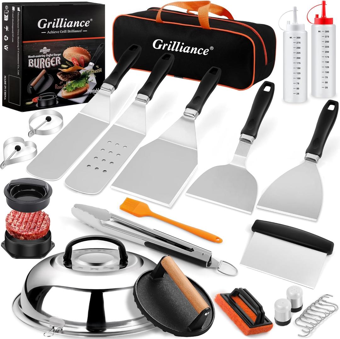 27pcs Griddle Accessories Kit for Blackstone, Professional Hibachi Flat Top Grill Tools, Enlarged Spatula Gift Set with Basting CoverBurger Press Patty Maker for Outdoor BBQ Teppanyaki