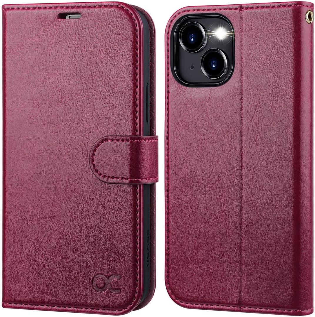 OCASE Compatible with iPhone 15 Wallet Case, PU Leather Flip Folio Case with Card Holders RFID Blocking Kickstand [Shockproof TPU Inner Shell] Phone Cover 6.1 Inch 2023, Burgundy