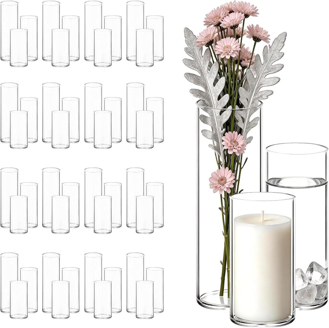 24 Pcs Bulk Cylinder Glass Flower Vases & Hurricane Candle Holders, 2.6" x 5/6/8 Assorted Heights, Thickened Shatter-Resistant Clear Glass, Multiuse Centerpieces for Wedding, Party & Home Decor