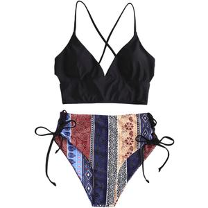 AFUL Women's Boho Mix and Match Swimwear Two Piece Bikini with High Waisted Bathing Suits(4-Black-Boho, S)