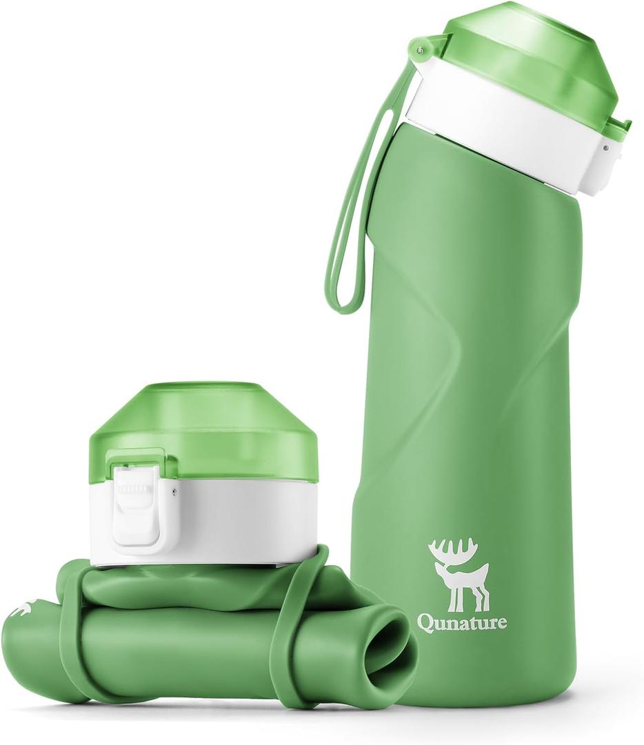 Quanture Collapsible Water Bottle 24oz (700mL), Foldable Silicone Travel Water Bottle, Leakproof & BPA-Free, with Wide Mouth & Carry Strap for Hiking, Camping, Outdoor, Green