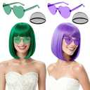 Rookea 2 Pack Colored Bob Wigs and Heart Sunglasses, Green Light Purple Short Straight Bob Wig with Bangs Neon Party Colorful Synthetic Hair for Women Men Halloween Costume Bachelorette Party Favors