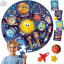 Jumbo 70 Piece Round Floor Puzzles for Kids Ages 3-5, 6-8, Large Jigsaw Puzzle with Solar System and Planets, Educational Flash Cards and 3D Figures Educational Gift