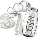 Key Fob Cover with Diamond Keychain Compatible with Nissan Car Key Holder Compatible with Nissan Rogue Pathfinder (2023 2024 2025) Sentra (2024 2025) for Women, 5 Buttons (Silver-Heart)