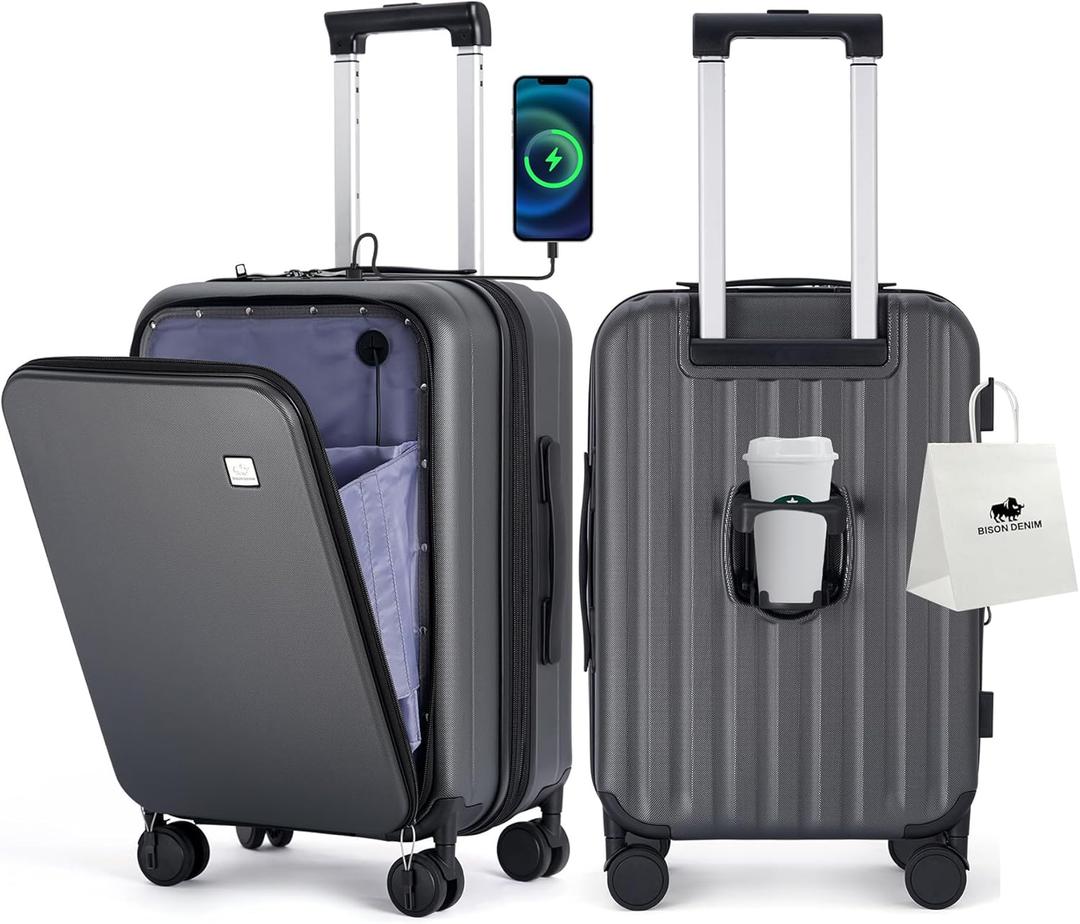 BISON DENIM 20 Inch Carry On Luggage, PC Lightweight Hardside Expandable Carry-On Luggage Airline Approved With Spinner Wheels, Front Compartment, Cup Holde, TSA-approved Lock, USB Port, Dark Grey