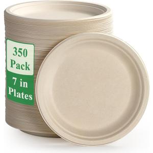 Vplus 350 Pack Paper Plates 7 inch 100% Compostable, Heavy-Duty Disposable Paper Plates Bagasse Natural Biodegradable Eco-Friendly Sugarcane (Nature)