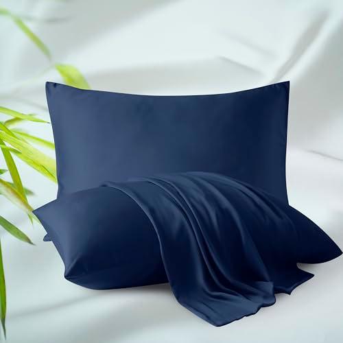 Bamboo Viscose Zippered Pillow Cases Standard Size Set of 2, 400 Thread Count Cooling Pillow Protectors for Hot Sleepers, Luxurious Hotel Quality - Silky, Soft, Breathable (20x26 Inches, Navy Blue)