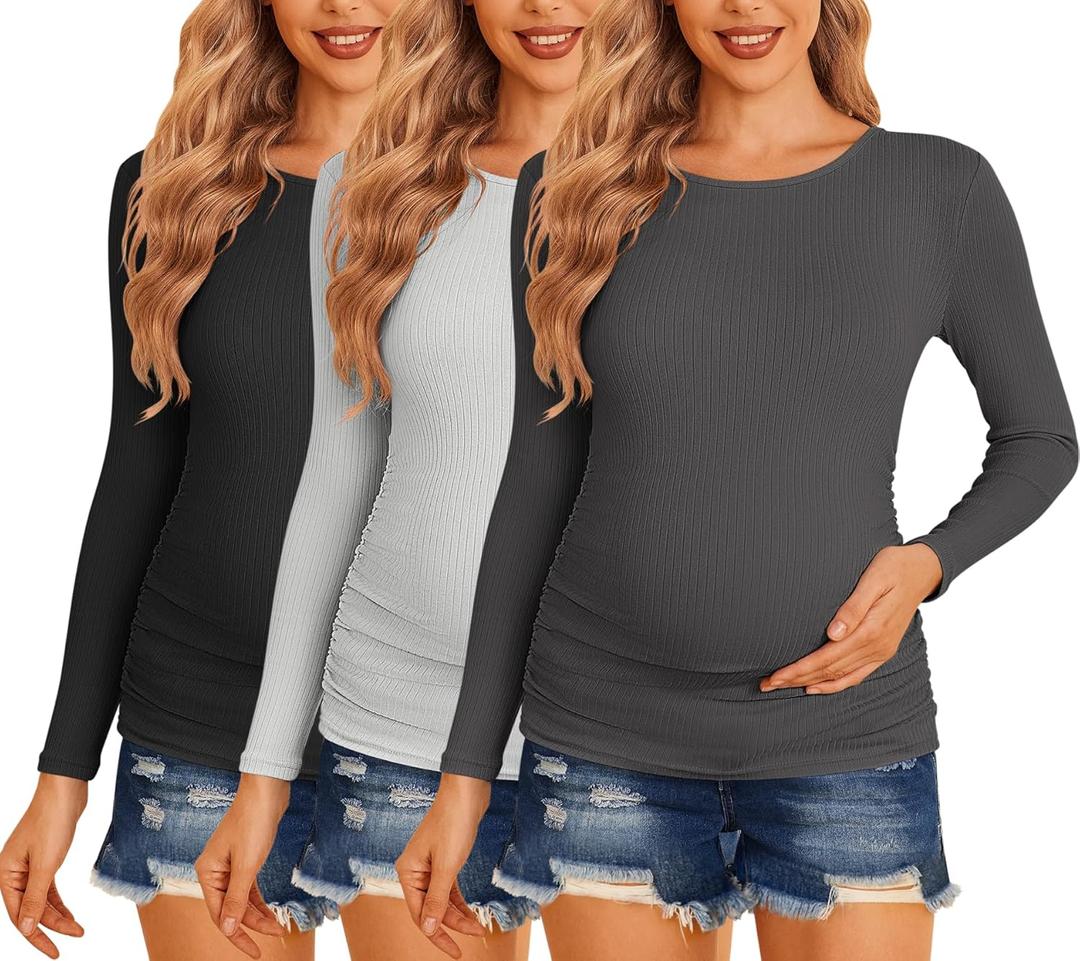 Ekouaer Maternity Shirts 3 Packs Women Long Sleeve Pregnancy Tee Tops Tunic Blouse Ribbed Side Ruched Mama Clothes S-XXL (M)