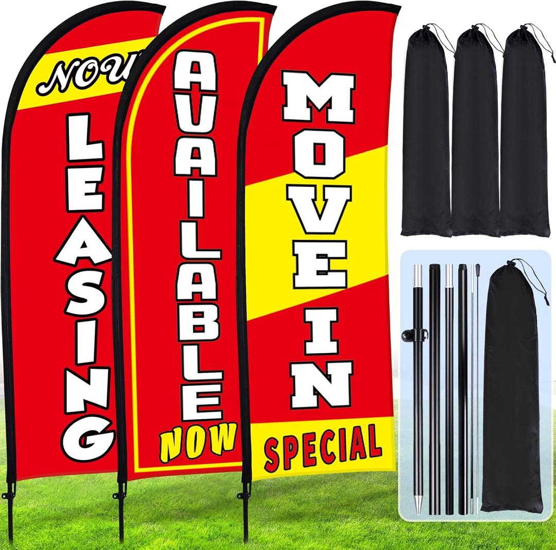 Buryeah Red 3 Set Feather Flag Kit Now Leasing Move in Special Flag with Pole Ground Stake and Bag Leasing Sign for Advertising Renting Welcome Banner for Outside Ground (7 ft)