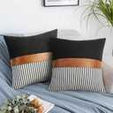 Set of 2 Farmhouse Decor Stripe Patchwork Black Linen Throw Pillow Covers, Modern Tan Faux Leather Accent Pillow Covers 18x18 inch,Navy Blue Stripe