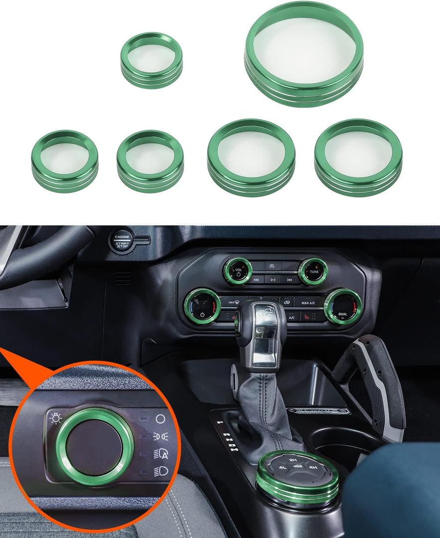 Savadicar CKT01 Billet Aluminum Control Knob Trim Sets, Headlight/4WD/HVAC Climate Control Knob Ring Bezels, Air Conditioner/Radio Switch Cover for 2021-2025 Ford Bronco, Interior Accessories, Green