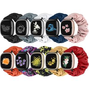 10 PCS Compatible with Fitbit Versa 4/Sense 2/Versa 3/Sense Scrunchie Band, Soft Cute Pattern Printed Fabric Elastic Solo Loop Cloth Scrunchy Replacement Wristband for Women