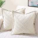 DecorUhome Decorative Cream White Throw Pillow Covers 18x18 Set of 2 with Splicing, Boho Soft Corduroy Broadside Twill Spring Pillow Covers for Couch Bed Sofa Living Room