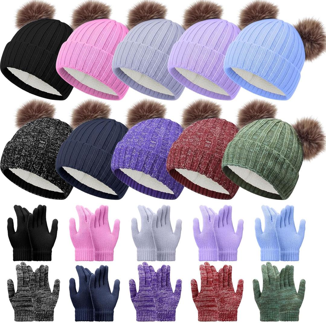 20 Pcs Kids Hats and Gloves Winter Bulk Thick Thermal Beanie with Full Fingers Gloves Gift Sets for Boys Girls (Dark Color)
