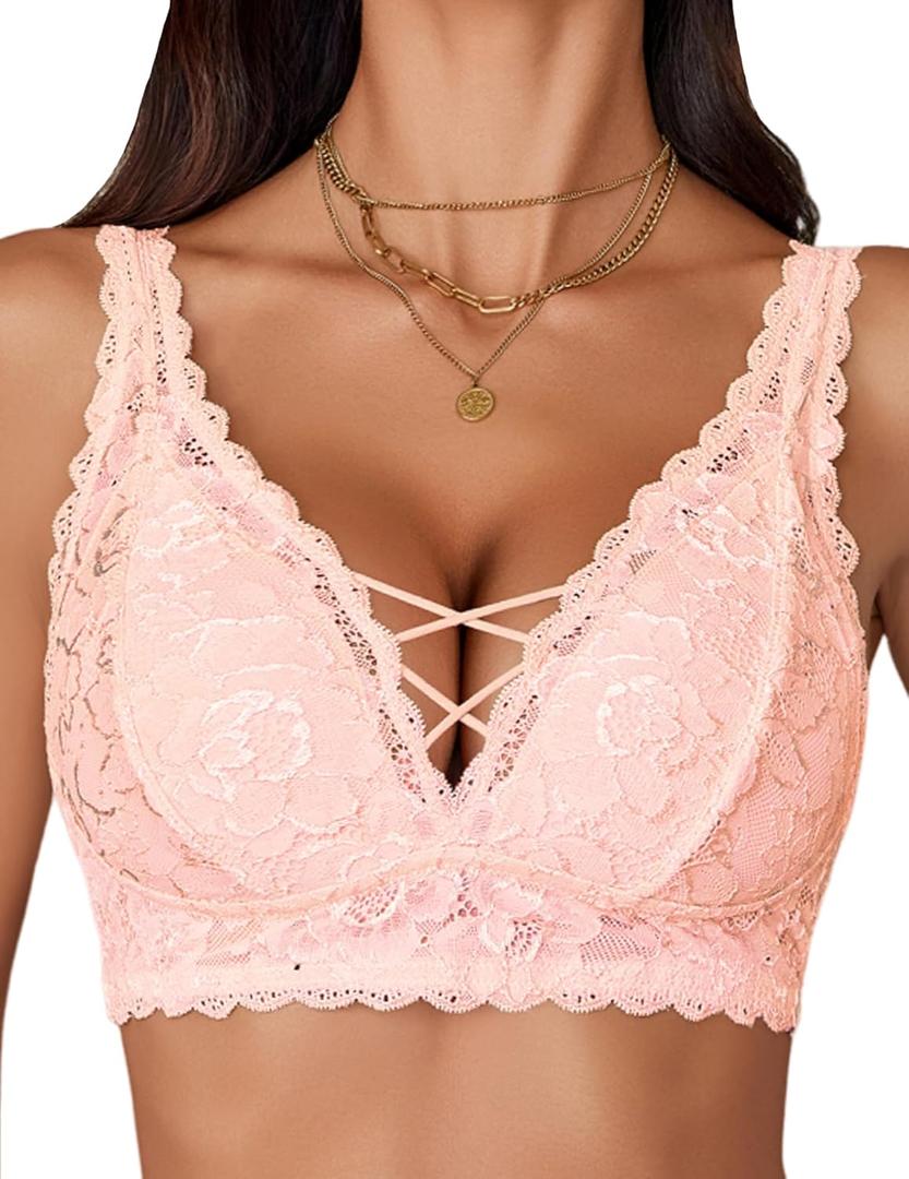 Avidlove Bralettes for Women Lace Bralette Non Padded Longline Bra V Neck Criss Cross Sexy Bras (M, Light Pink)