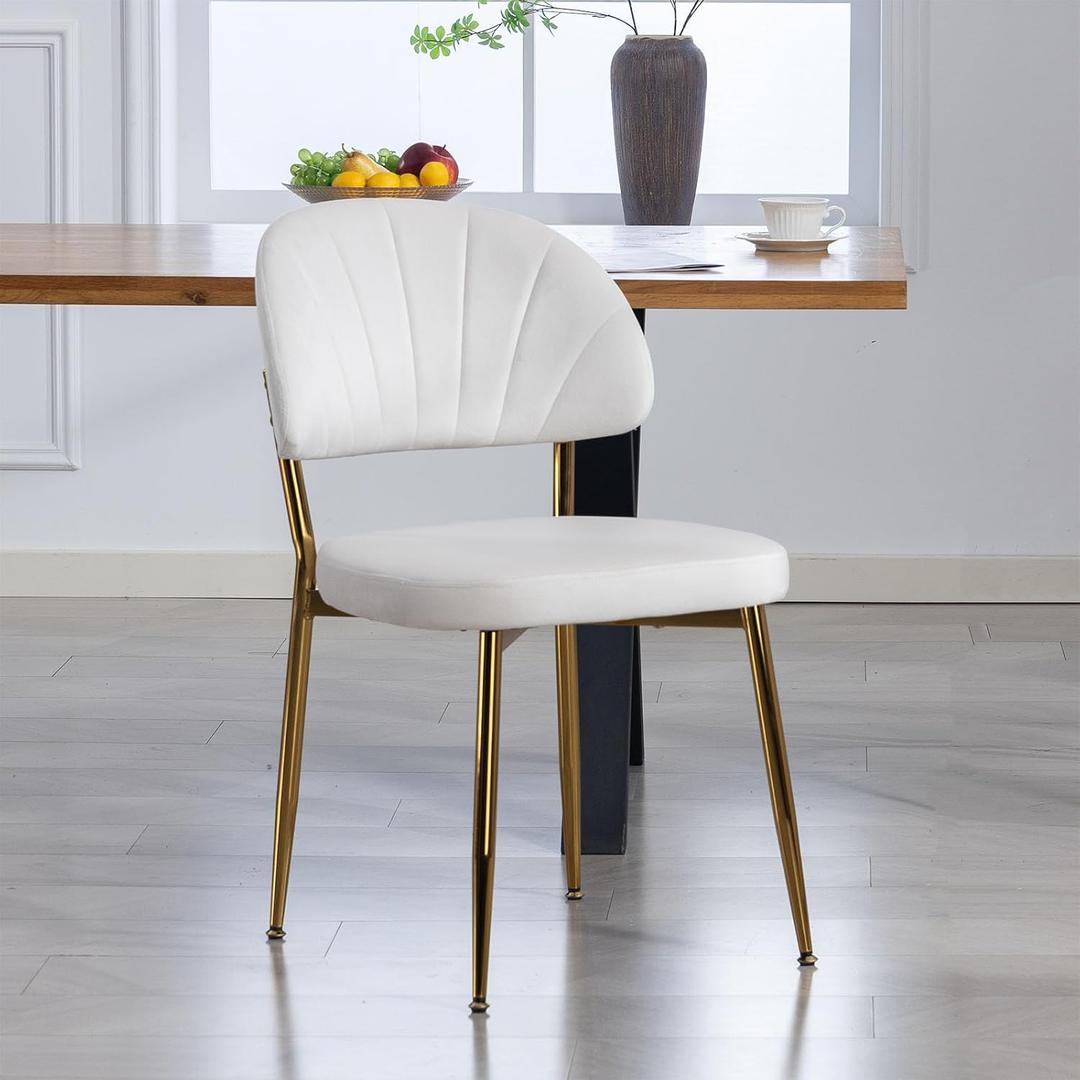 Velvet Modern Upholstered Dining Chair, Mid Century Kitchen Chair with Curved Back & Gold Metal Legs, Armless Accent Side Chair for Kitchen Dining Room, Living Room, Beige, Set of 1