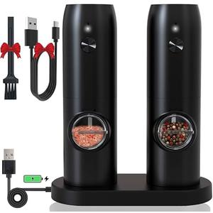 Electric Salt and Pepper Grinder Set - USB Rechargeable,LED Light,Adjustable Coarseness,TEITOP Automatic Pepper and Salt Mill Grinder Set with Charging Base(Black 2 Mills)