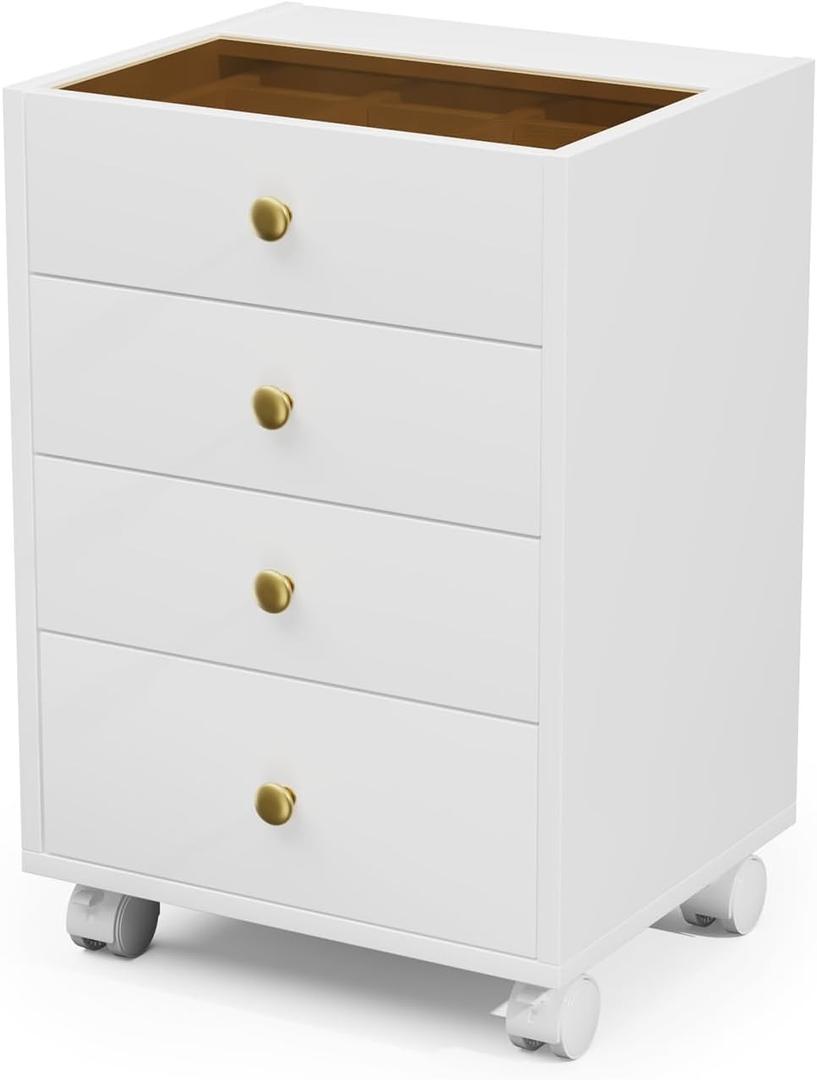JanlyHome Under Desk Storage, Small Chest of 4 Drawers, Home Office Vertical File Cabinet with Glass Top, Mobile Printer Stand with Lockable Wheels for Home Office Study, White