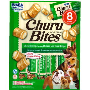 INABA Churu Bites for Dogs, Grain-Free, Soft/Chewy Baked Chicken Wrapped Churu Filled Dog Treats, 0.42 Ounces Each Tube | 24 Tubes Total (8 Tubes per Pack), Chicken with Tuna Recipe, Pack Of 6