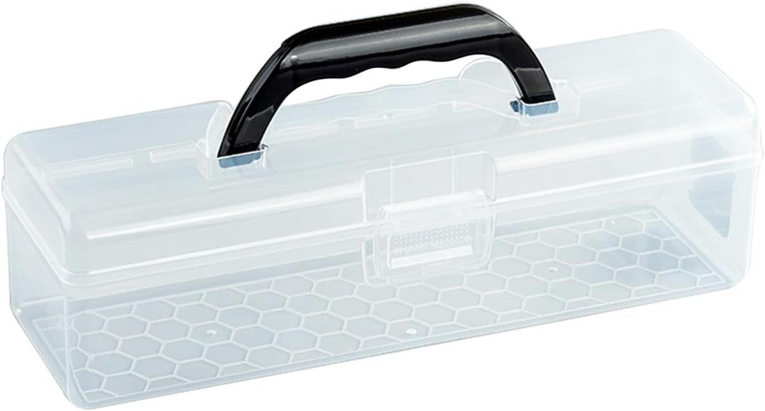 Plastic Storage Container with Lid, Clear Craft Tool Art Supply Sewing Organizer Box with Handle, Small Storage Bin for Paint Brush, Pencils, Crayon, Toys, Ribbons (M 11.8 x 3.54 x 3.46 in)