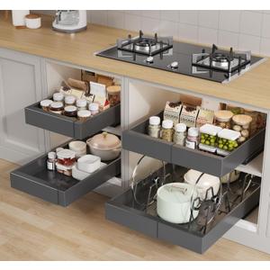 Seinloes 4 Pack Pull Out Cabinet Organizer 21" Deep with Raising Pad for Framed Cabinets, Expandable (9"-14" W) Slide Out Drawers for Kitchen Cabinets with 4pcs Divider Racks, Roll Out Shelves, Black