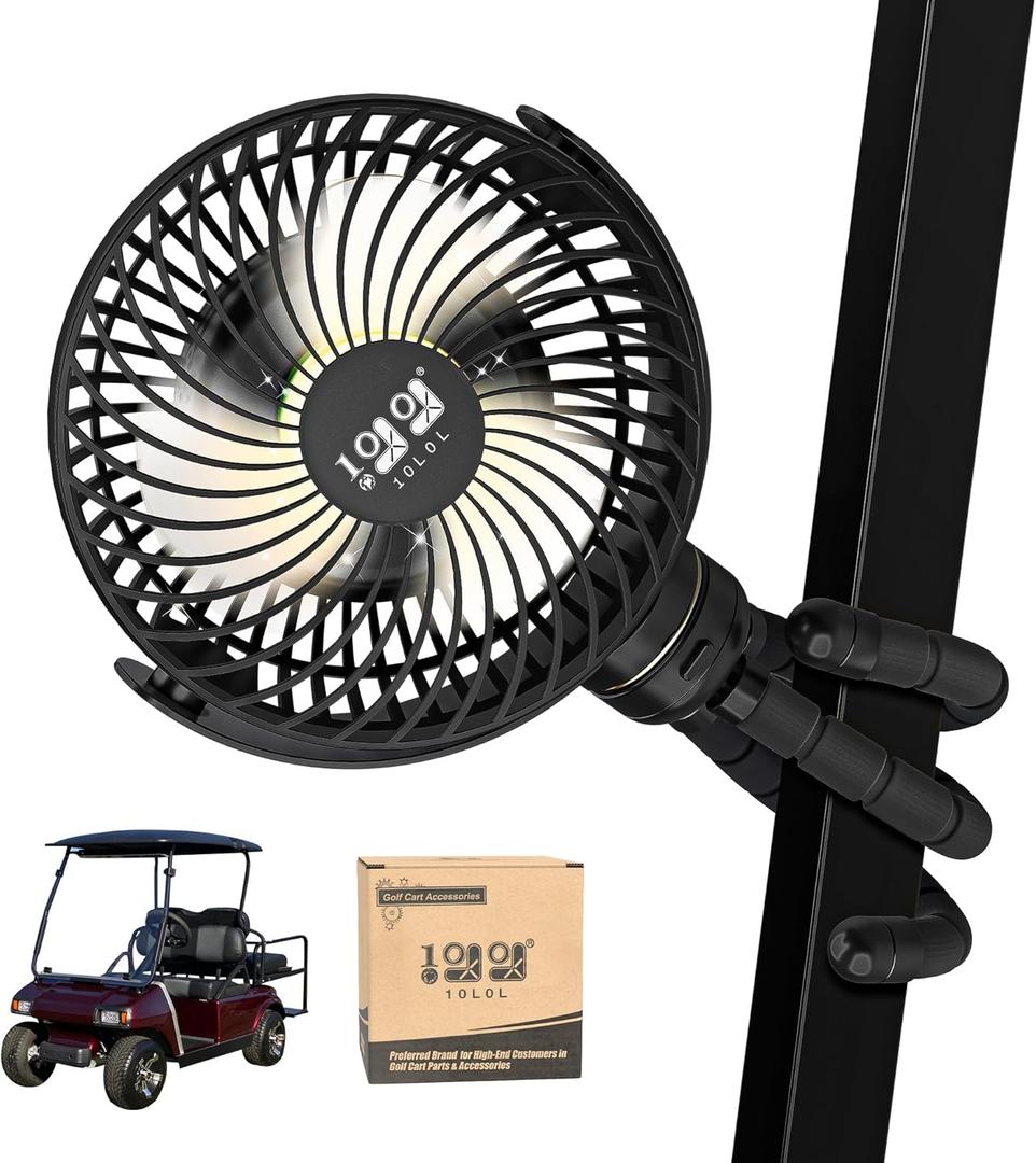 10L0L Golf Cart Fan - Universal Mount, 8000mAh Battery, 3-Speed Fan, LED Light, 56-Hour Runtime, Reverse Charging Function for Yamaha EZGO Club Car Golf Cart, Black