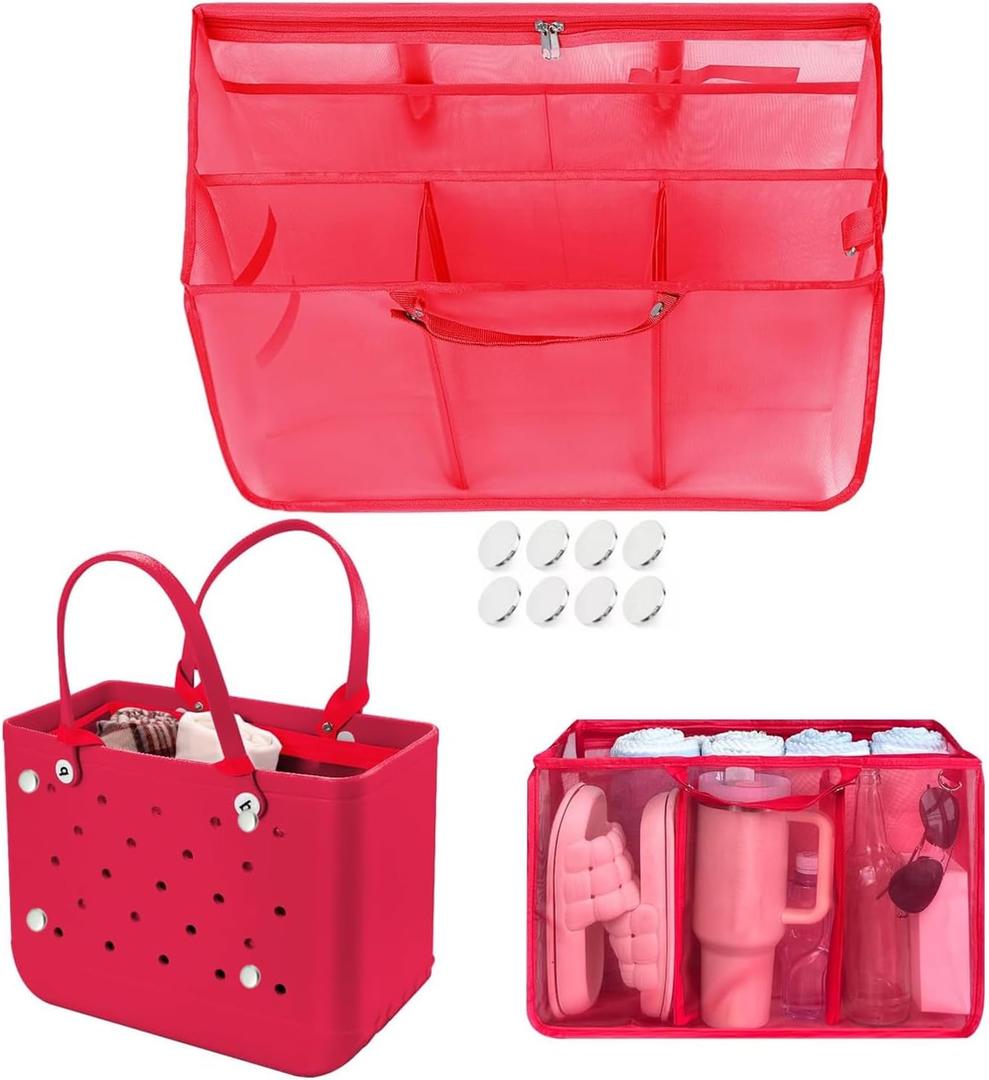 XYFuuee Beach Bag Organizer Inserts for Original Large Bogg Bag Accessories with 8 Removable Metal Fasteners, Lightweight Mesh Insert Divider Pouch, Organizing Rubber Tote, Save Space, Red XL