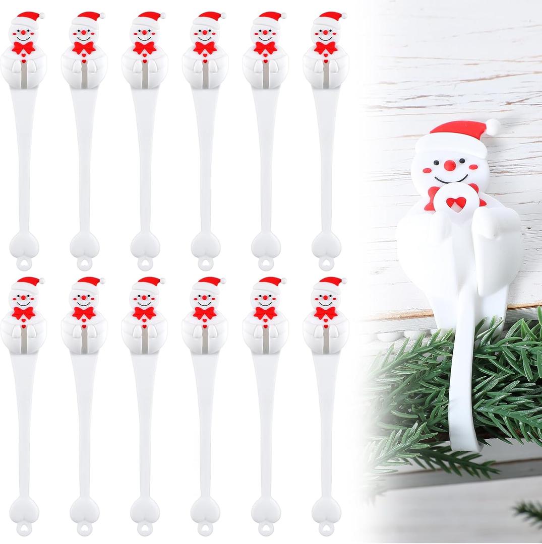 XunYee 12 Pcs Christmas Winter Snowman Garland Hangers for Mantle,Snowman Shaped Fireplace Garland Hanger, Xmas Ties Stocking Holder, Reusable Silicone Adhesive Straps for Stairways Banister Staircase
