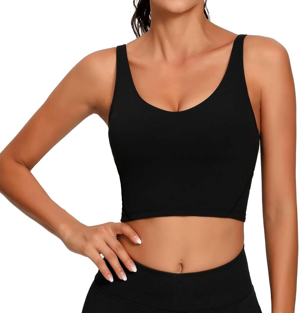 Lemedy Women Sports Bra Longline Crop Tank Top Padded Workout Running Yoga (Black, L)