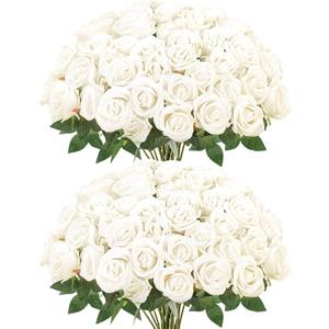 Sggvecsy 50 Pcs Artificial Roses Fake Flowers Velvet Silk Roses with Stems Bulk Realistic Faux Flowers for Bridal Bouquets Wedding Centerpieces Valentines Day DIY Home Party Decor (Ivory)