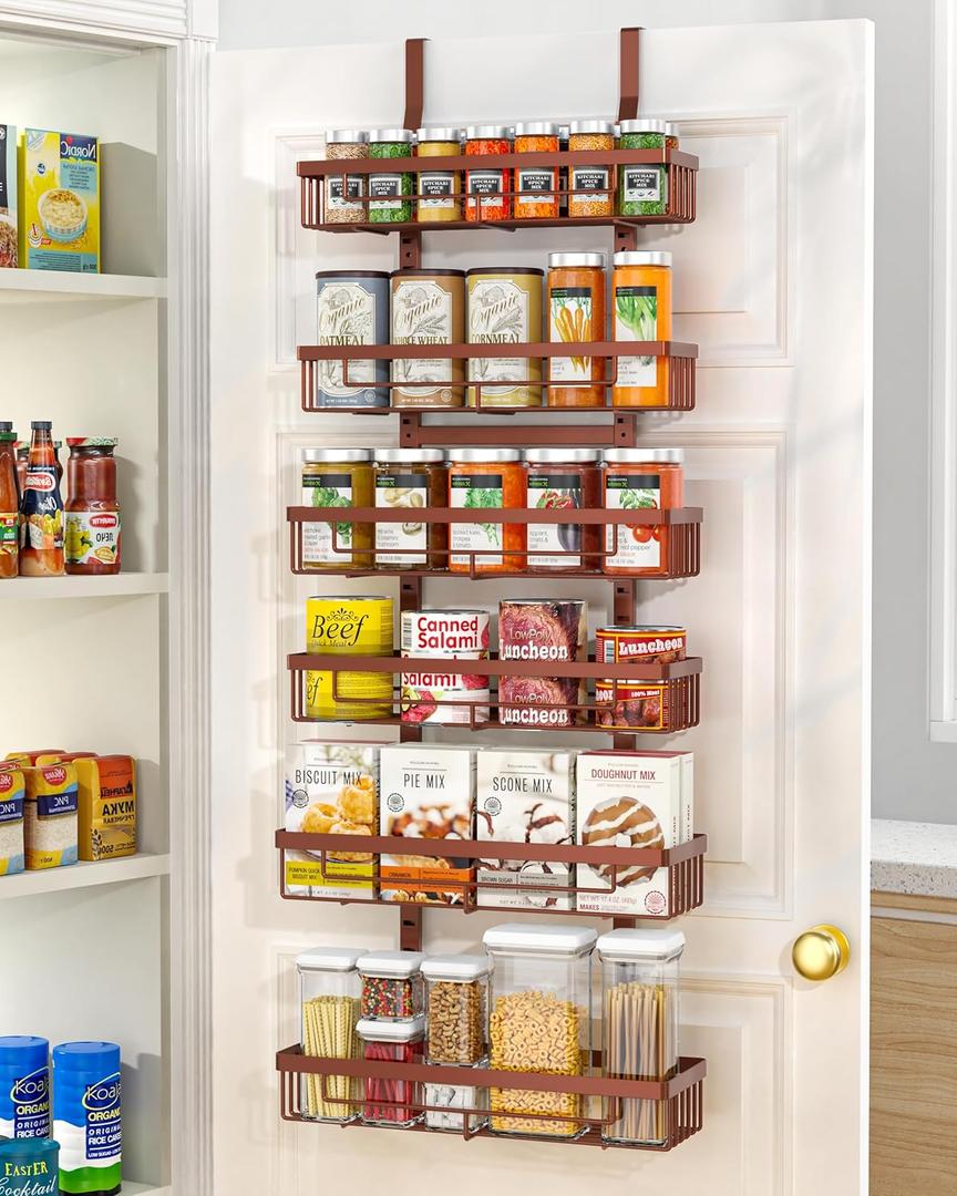 Moforoco 6-Tier Door Food Storage Cabinet Organizer - White Hanging Kitchen Basket Organizer with Wall Mounted Spice Rack - Rear Cabinet Door Spice Rack for Bathroom, Home, Bedroom (Bronze)