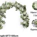 6FT Artificial Eucalyptus Garland with Flowers, 10 White Roses Baby Breath Garland Floral Greenery for Wedding Party Centerpiece Table Runner Backdrop Wall Decor Decoration
