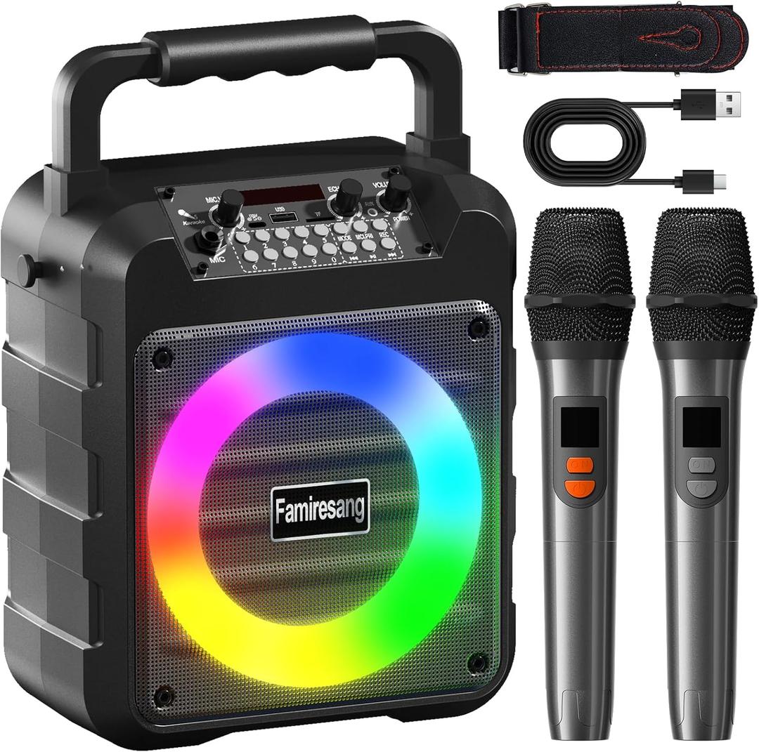 Karaoke Machine for Adults - Portable Bluetooth Karaoke Speaker with Two Wireless Microphones, PA System Speaker Supports TF Card/USB, AUX in, REC, Bass & Treble for Party/Meeting