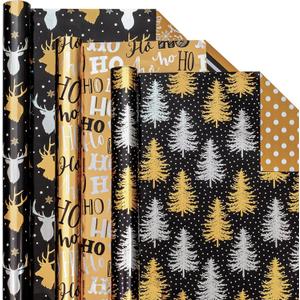 Garbendy Black Gold Foil Christmas Wrapping Paper Roll - Mini Roll - 17 inch X 120 inch Per roll - Reversible 3 Different Design with Glitter Metallic Foil Shine (42.5 sq.ft.ttl)
