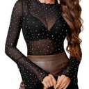 Avidlove Women Mesh Tops Rhinestone Tops Long Bell Sleeve Blouses Glitter Shirts Sexy Clubwear Outfits Black XXL